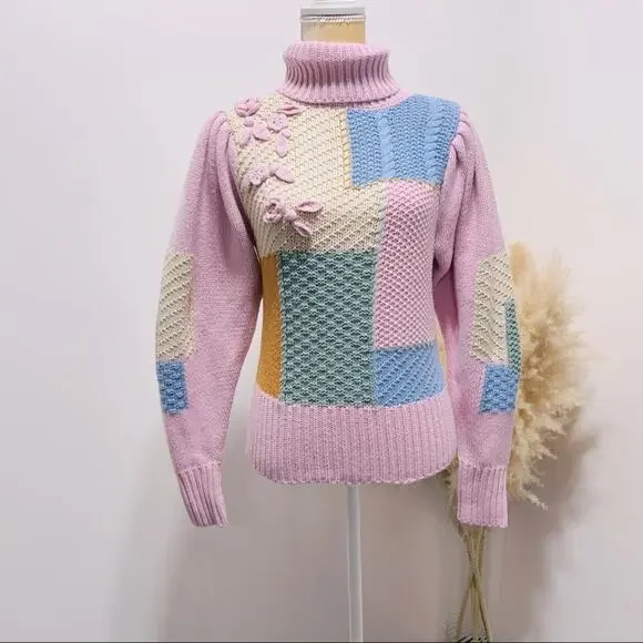 LoveShackFancy Allan Patchwork Turtleneck Sweater Pullover Size M in Autumn Fest